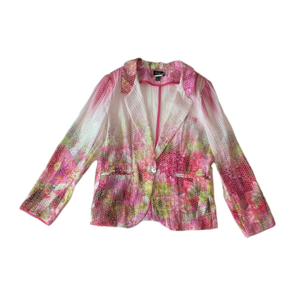 Cartise Women's Size 16 Slouchy Summer Blazer – Sheer Honeycomb & Pink Floral